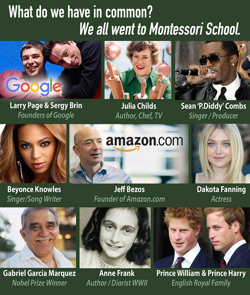 A collage of pictures of famous people who attended Montessori schools.